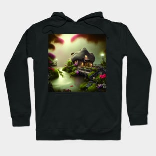 Sparkling Fantasy Cottage with Lights and Glitter Background in Forest, Scenery Nature Hoodie